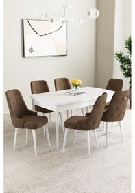 Resim Clara Beyaz 80x132 Açılabilir Yemek Odası Takımı 6 Adet Sandalye Kahverengi 