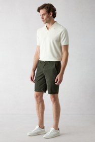Resim Asker Haki Regular Fit Standart Kesim Çizgili Beli Lastikli Bermuda Şort - 6 Drop Regular Fit / Asker Haki / 31 