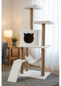 Resim Missidea S9 Kedi Tırmalama Kulesi Platformlu 124 Cm Beyaz 