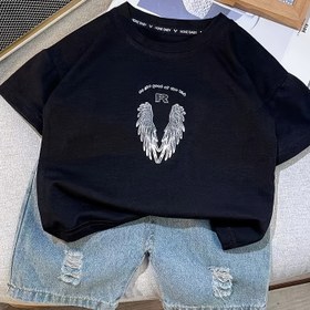 Resim Erkek Çocukları için Melek Kanatları Grafikli Tişört & Yırtık Kot Şort Takımı - Lacivert, Pamuk Karışımı, Günlük Yazlık Kıyafet, Şık Erkek Çocuklar için İdeal Hediye, Dış Mekanlar için Mükemmel 