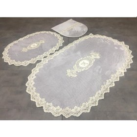 Resim Lisa Gri Oval 3'lü Dantelli Aplikli Banyo Paspas Seti Çeyizlik Gri 