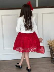 Resim Uğur Böceği Çocuk Kız Çocuk 4'lü Şık Abiye Takım Elbise Ceket Çanta Toka Kırmızı 