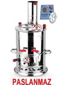 Resim Çift Musluklu Odunlu Kömürlü Çay Semaveri Odunlu Kömürlü Paslanmaz Semaver 5 Litre 