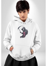 Resim Azrail Kurukafa Ölüm Kadın Erkek Beyaz Kapüşonlu Sweatshirt Hoodie Beyaz 