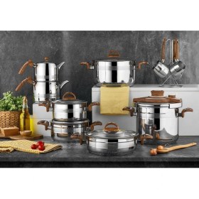 Resim Kahramanlar Bahar Çeyiz Seti Çelik Tencere Seti 18 Parça Ahşap 2110A 