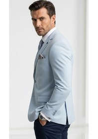 Resim Plus Scorpion Erkek Slim Fit Çift Düğme Çift Yırtmaçlı Blazer Ceket Premium Dokulu Kumaş Bebe Mavisi 
