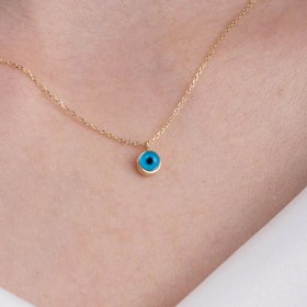 Resim Fasek Gold Altın Kolye - Mavi Nazar Boncuğu Göz Sade 14 Ayar Altın Göz Boncuğu Kolye-Nazar Boncuğu Altın Kolye 