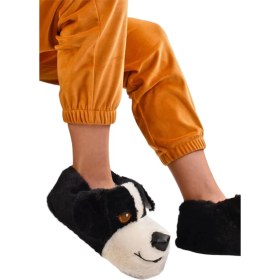 Resim Liger Unisex Sevimli Köpek Figürlü Kadın Panduf Siyah Renk Kaymaz ve Ses Yapmaz Taban 
