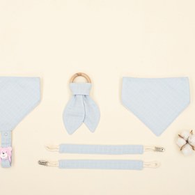 Resim Diş Kaşıyıcı - Emzik Askısı - Salya Önlük Seti - Bebe Mavi Muslin 