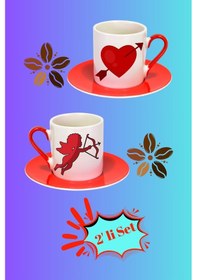 Resim Sevgililer Günü Kalpli Eros Baskılı 2 Li Türk Kahvesi Fincanı Hediye Seti Kırmızı Beyaz Kırmızı - Beyaz 