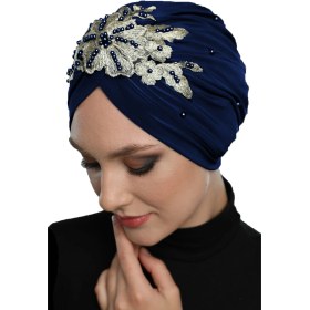 Resim Elysianfidan Kopma Astarlı İşlemeli Lacivert Sarı Dantel Motifli Hazır Türban Tesettür Abiye Bone Lacivert-sarı 