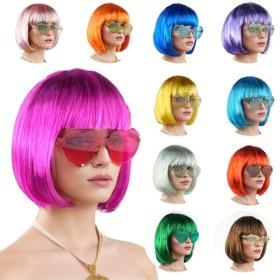 Resim Halloween Kostüm Aksesuar Seti: Renkli Kısa Bob Peruk, Çerçevesiz Gözlükler & Elastik Ağ - Cosplay ve Partiler için Mükemmel 