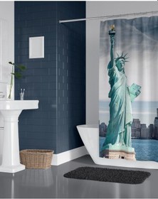 Resim Banyo Perdesi 1x180x200 Tek Kanat Duş Perdesi Halka Hediyeli Duşakabin Perdesi New York Çok Renkli 