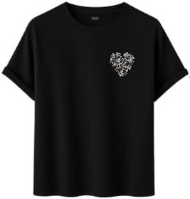Resim Kadın Çiçekli Kalp Baskılı T-Shirt, Minimalist Desenli Pamuklu Kısa Kollu Tişört, 10+ Renk Seçeneği 