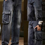 Resim 1 Adet Dört Mevsim Moda Çok Cepli Cargo Pantolon Düz Paça Kot, Üç Boyutlu Cep Detaylı Esnek Denim Erkek ve Gençler İçin Geniş Kesim Çekmez Yırtılmaz Günlük Outdoor Sokak Stili Hiking Rahat Pantolon 