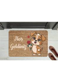 Resim Sevimli Köpek Temalı Kapı Önü Paspası Kaymaz Taban 45x70 Bej 