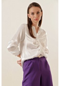 Resim Bigdart 20112 Büzgülü Saten Gömlek - Beyaz 001 