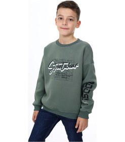 Resim Toontoy Kids Toontoy Erkek Çocuk Oversize Bisiklet Yaka Düşük Omuz Baskılı Sweatshirt - 2 İplik Yeşil 