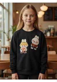 Resim Kız Çocuk Pamuklu Karakter İşlemeli Sweatshirt-16392 Siyah 