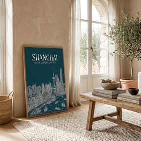 Resim Shanghai Line Art Print - Teal Oriental Pearl Tower The Bund Skyline Wall Art - Wooden Frame - White / 24 x 36" (60x90 cm) 