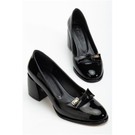 Resim Büyük Beden Kadın Kalın Topuklu Ayakkabı Siyah Rugan Fiyonklu Yuvarlak Burun-4300 Siyah 