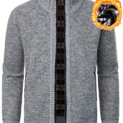 Resim Erkekler için rahat duruşlu yaka fermuarlı hırka kazak, %100 polyester örgü kumaş, hafif esneklikli düzenli fit, fermuar detaylı düz renkli sonbahar/kış dış giyim 