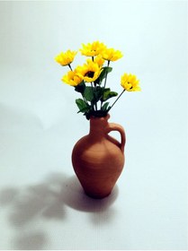 Resim Sarı 7 Başlı Ayçiçek Dolgun Çiçekli Kulplu Testi Vazo 