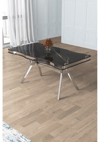 Resim Canisa Prah Serisi 90x160 Lak Panel Sonata Krom Ayak Masa Takımı Ve 6 Siyah Sandalye Siyah Mermer Masa Siyah Sandalye Krom Detay 