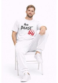 Resim Sevgili Kombini Her Beast His Beauty Oversize Çift Tişört Unisex Beyaz 