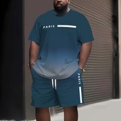 Resim Erkek Büyük Beden Paris Baskılı Polyester Rahat Spor Giyim Takımı, Nefes Alabilen Açık Hava Yuvarlak Yaka Tişört ve Şort Kombinasyonu, Yazlık 3D Kirpik Desen, Hafif Esnek Kesim, %100 Polyester Örme Kumaş, 150g/m² - Normal Kalıp 