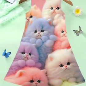 Resim 1 adet Kız Kolsuz Elbise 3D Dijital Kedi Baskısı ile - Yumuşak Esnek Kumaş, Canlı Renkli Kediler, Bahar/Yaz için Rahat Oynak Tasarım, Açık Hava Aktiviteleri için Mükemmel, Kedi Elbisesi, Yazlık Kıyafet, Rahat Uygun 