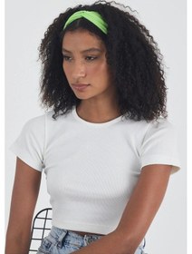 Resim Beyaz Kısa Kol Bisiklet Yaka Vücuda Oturan Kaşkorse Crop + Bandana Set %100 Pamumklu, Esnek Rahat Beyaz-fıstık Yeşili 