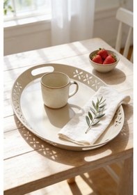 Resim Oval Metal Servis Ve Sunum Tepsisi, Büyük Tepsi, Çay Kahve Tepsisi Cappuccino 