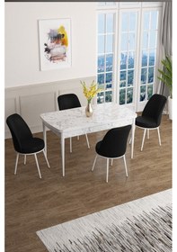 Resim Canisa Concept Han Serisi 70x114, Açılabilir Mdf Mutfak Masa Takımı, Beyaz Mermer Desen Masa Ve 4 Siyah Sandalye Masa Beyaz Mermer Desenli Sandalyeler Siyah 