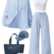 Resim Genç Moda Çizgili Gömlek, Uzun Pantolon ve Kolsuz Üst 3 Parça Spor Seti, Her Biri Dış Mekan Sporları İçin Uygun, Dış Mekan Sporları Kiti | Trendy Rahat Set | Nonstretch Kumaş 