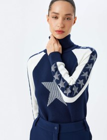 Resim Uzun Kollu Balıkçı Yaka Renk Bloklu Yıldız Desenli Kazak 