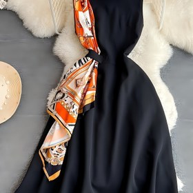 Resim Vintage Kolsuz A-Line Midi Elbise, Ayarlanabilir Bel Bağlığı ile - Siyah, Turuncu ve Altın Çiçek Deseni, Geniş Etek, Bahar/Yaz/Sonbahar için Mükemmel, Kadın Modası, Sevimli Elbise 
