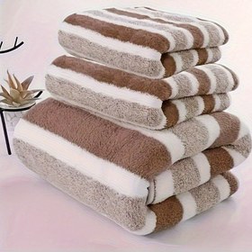 Resim 3 adet Lüks Mavi ve Beyaz Çizgili Havlu Seti - Süper Yumuşak, Yüksek Emici Mikrofiber, Büyük Havlu, El Havlu ve Yıkama Bezi İçerir - Lint-Free, Hafif Bej Dostu, Ev ve Otel Banyoları İçin İdeal, Banyo Dekoru|Çizgili Desenli Havlu|Mikrofiber Havlu, Banyo Havluları 