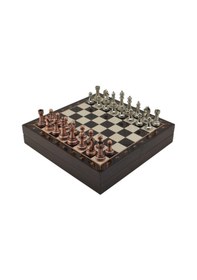 Resim Gifthome Orta Boy Antik Metal Klasik Satranç Takımı Ve Ceviz Desenli Sandıklı Mdf Tahtası 30x30x6 Cm. 