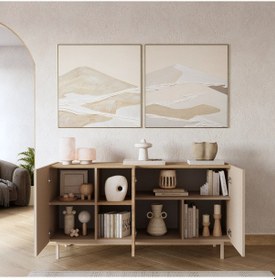 Resim Robin Home Luka Konsol 3 Kapaklı Raflı Ahşap Ayaklı 150cm Kumsal-sepet Bej 