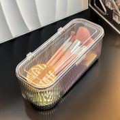 Resim Çoklu Bölme ile Şeffaf Plastik Makyaj Fırça Düzenleyici Kutu - Fırçalar, Süngerler ve Güzellik Araçları için Dayanıklı Kozmetik Depolama - Kolay Görünürlük için Şeffaf Tasarım, Makyaj Masası için Fırça Tutucu, Şık Düzenleyici, Görünür Bölümler 