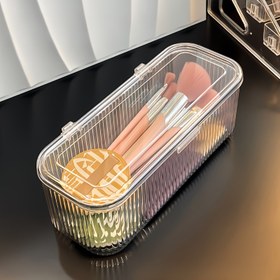 Resim Çoklu Bölme ile Şeffaf Plastik Makyaj Fırça Düzenleyici Kutu - Fırçalar, Süngerler ve Güzellik Araçları için Dayanıklı Kozmetik Depolama - Kolay Görünürlük için Şeffaf Tasarım, Makyaj Masası için Fırça Tutucu, Şık Düzenleyici, Görünür Bölümler 