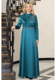 Resim Raika Moda Omuz Taş Baskı Şık Saten Ada Büyük Beden Tesettür Abiye Zümrüt 
