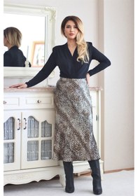 Resim Ritnice Kadın Leopar Midi Saten Etek 