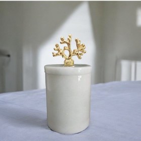 Resim Beyaz Mermer Pamuk Kutusu-pamukluk-kapaklı Kutu Gold Aksesuarlı 