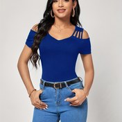 Resim Kadın Moda Hollow Kısa Kollu V Yaka T-Shirt 