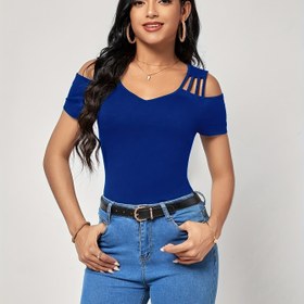 Resim Kadın Moda Hollow Kısa Kollu V Yaka T-Shirt 