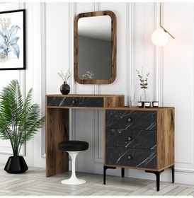 Resim Lizbon Makyaj Masası Aynalı - Ceviz / Siyah Mermer 