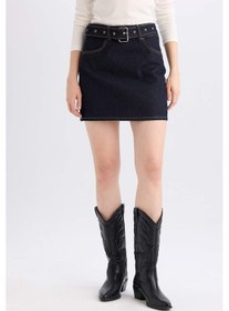 Resim Defacto Fashion Fit Soluk Efektli Cepli Kemerli Jean Mini Etek D5831AX24WNNM34 Mavi 