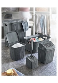Resim Dalgalı 5 Parça Banyo Seti Kirli Çamaşır Sepeti Deterjanlık Çöp Kovası Temiz Çamaşır Sepeti Çeyizlik Gri Gri 